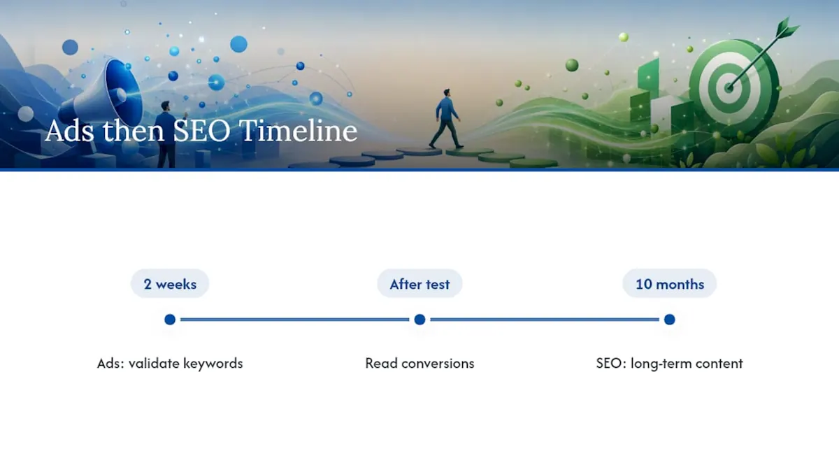 Two-week Ads test followed by SEO timeline